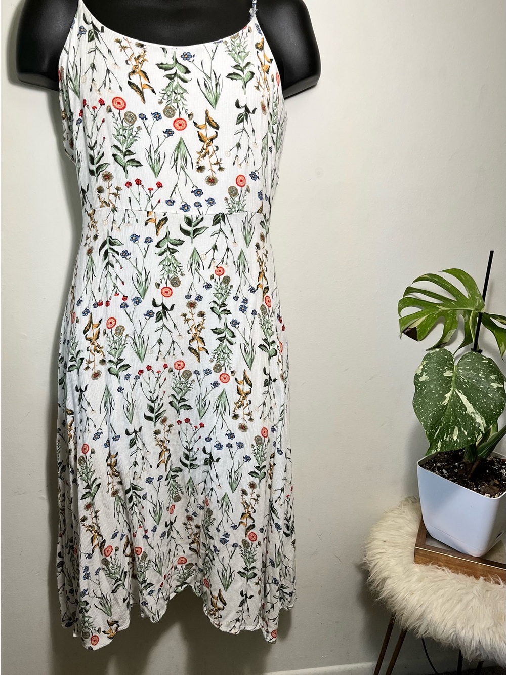 White Floral Midi Slip Dress with Spaghetti Straps and Back Tie